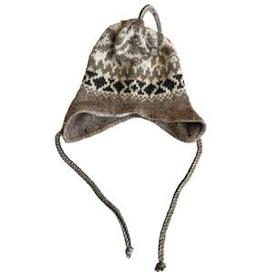 Patterned Vintage Wool knit hat with ear flaps oatmeal blue